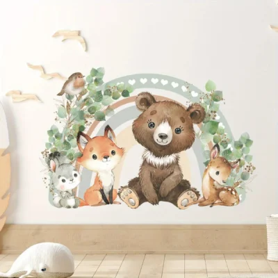 Wandsticker Bär & Fuchs mit Herzen & Regenbogen