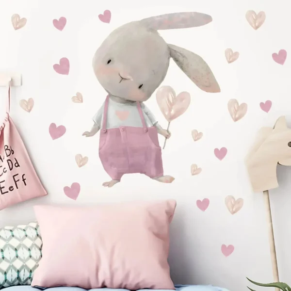 Wandsticker rosa Hase mit Herzen