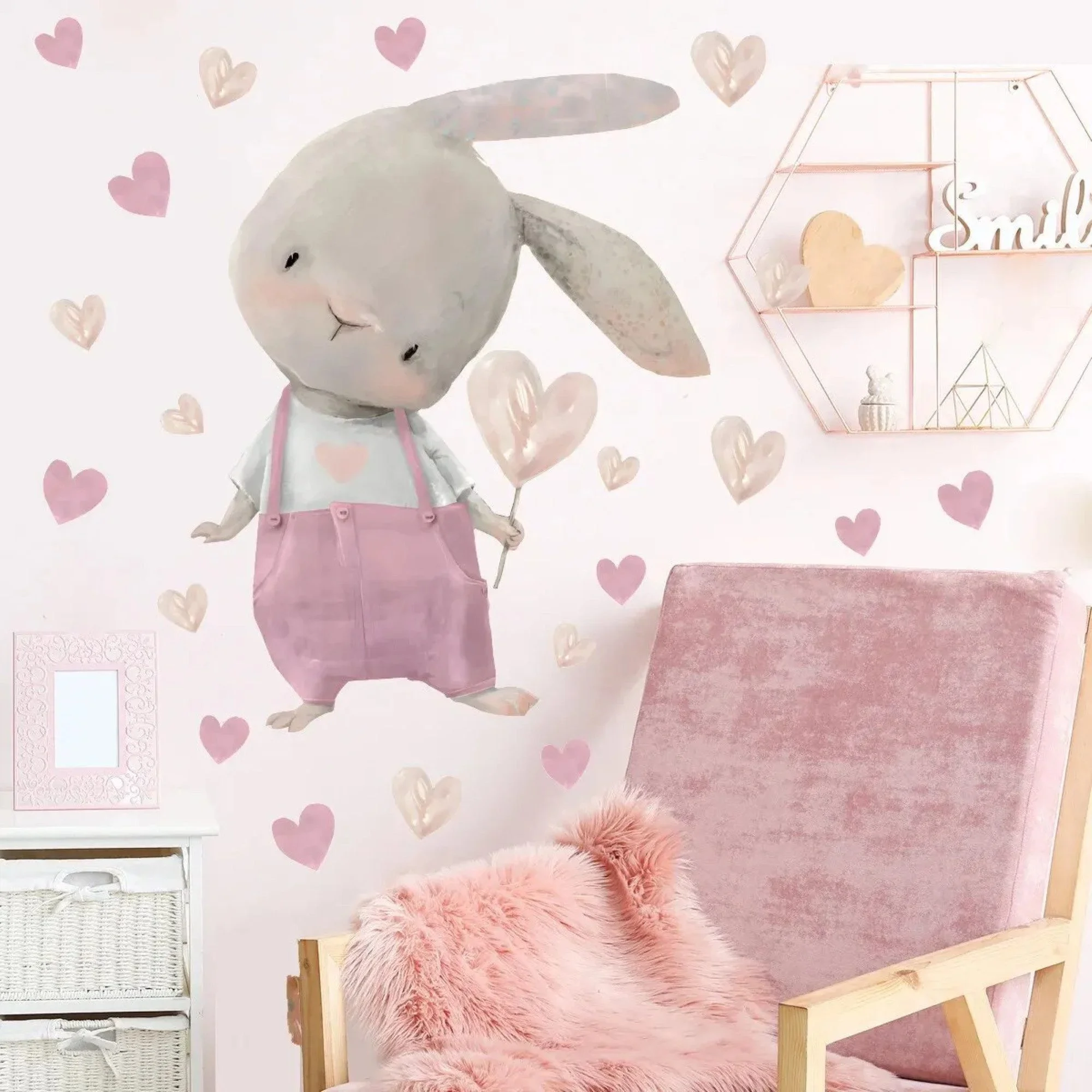 Wandsticker rosa Hase mit Herzen