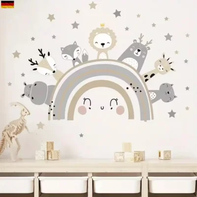 Wandsticker Regenbogen mit Löwe, Bär & Nilpferd