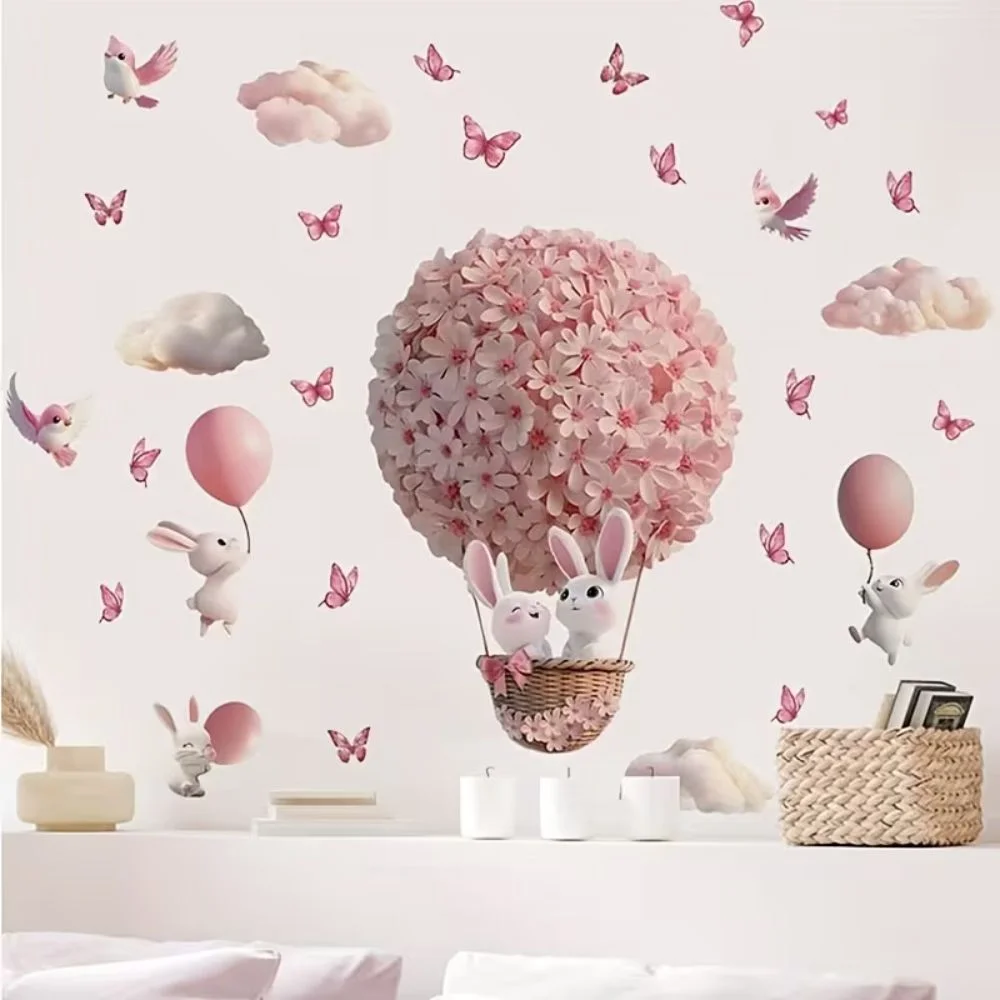 Wall sticker Pink Rabbit Hot Air Balloon Wall sticker with butterflies and birds