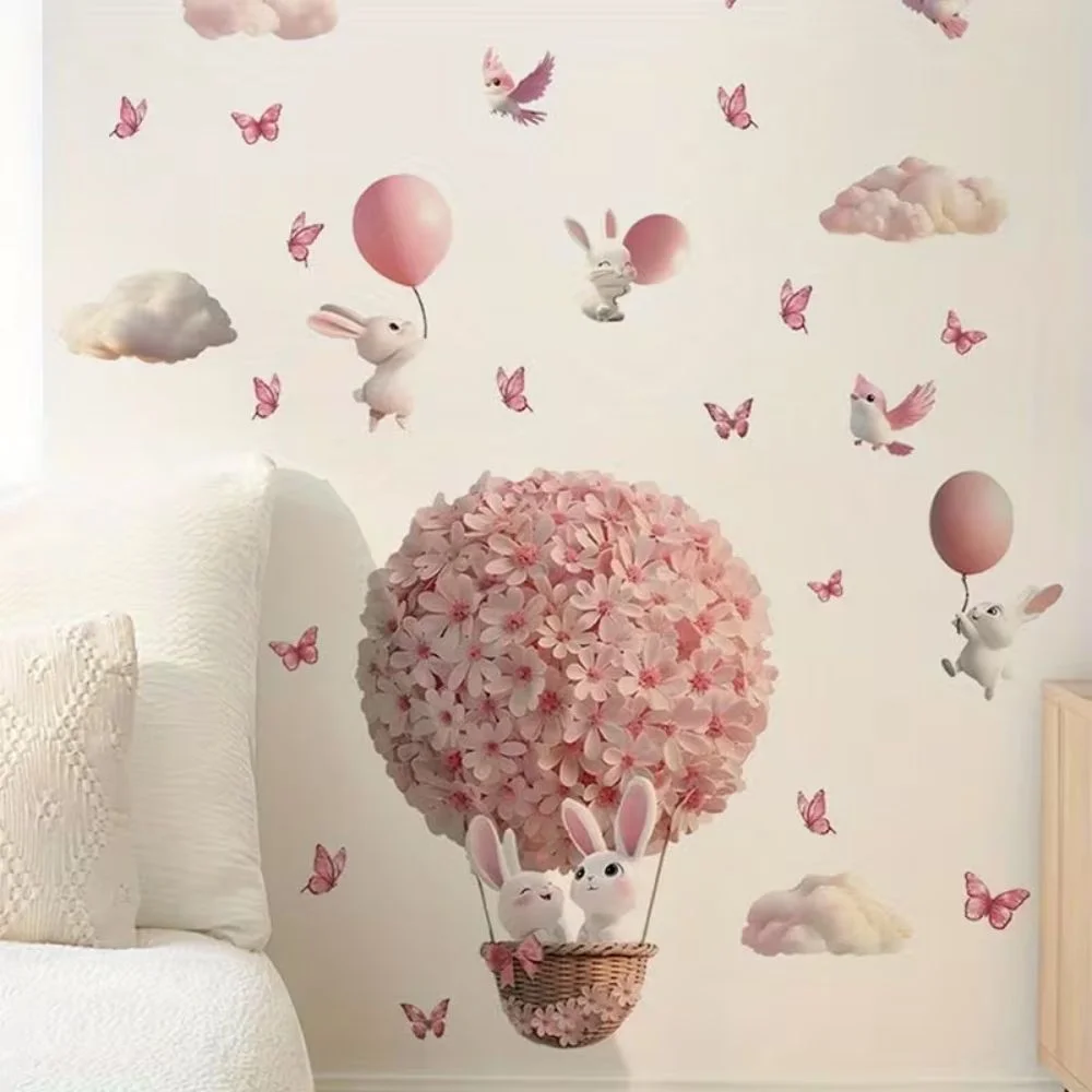 Wall sticker Pink Rabbit Hot Air Balloon Wall sticker with butterflies and birds