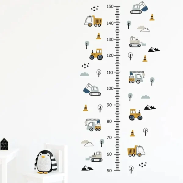 Height Chart Wall Stickers Construction Vehicles, Trees & Clouds