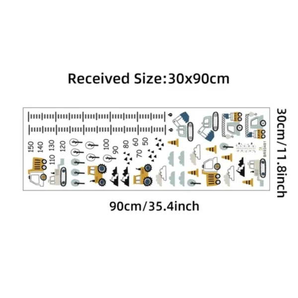Height Chart Wall Stickers Construction Vehicles, Trees & Clouds