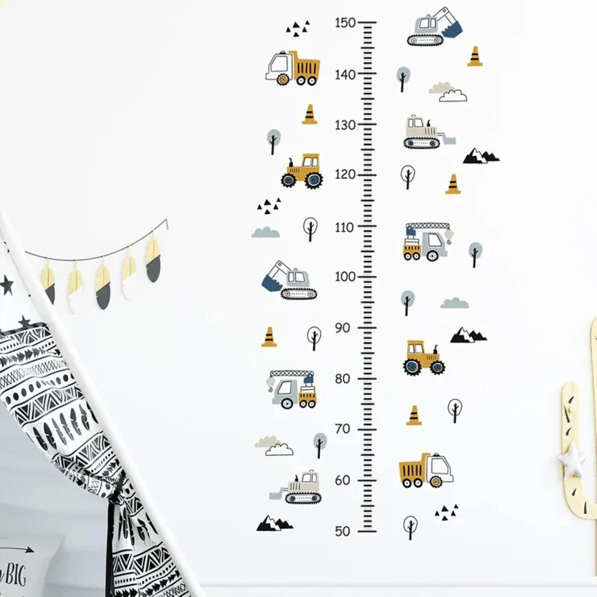 Height Chart Wall Stickers Construction Vehicles, Trees & Clouds