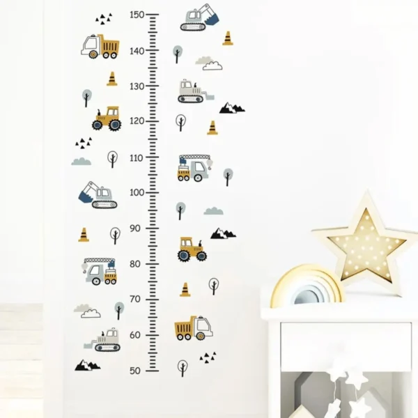 Height Chart Wall Stickers Construction Vehicles, Trees & Clouds