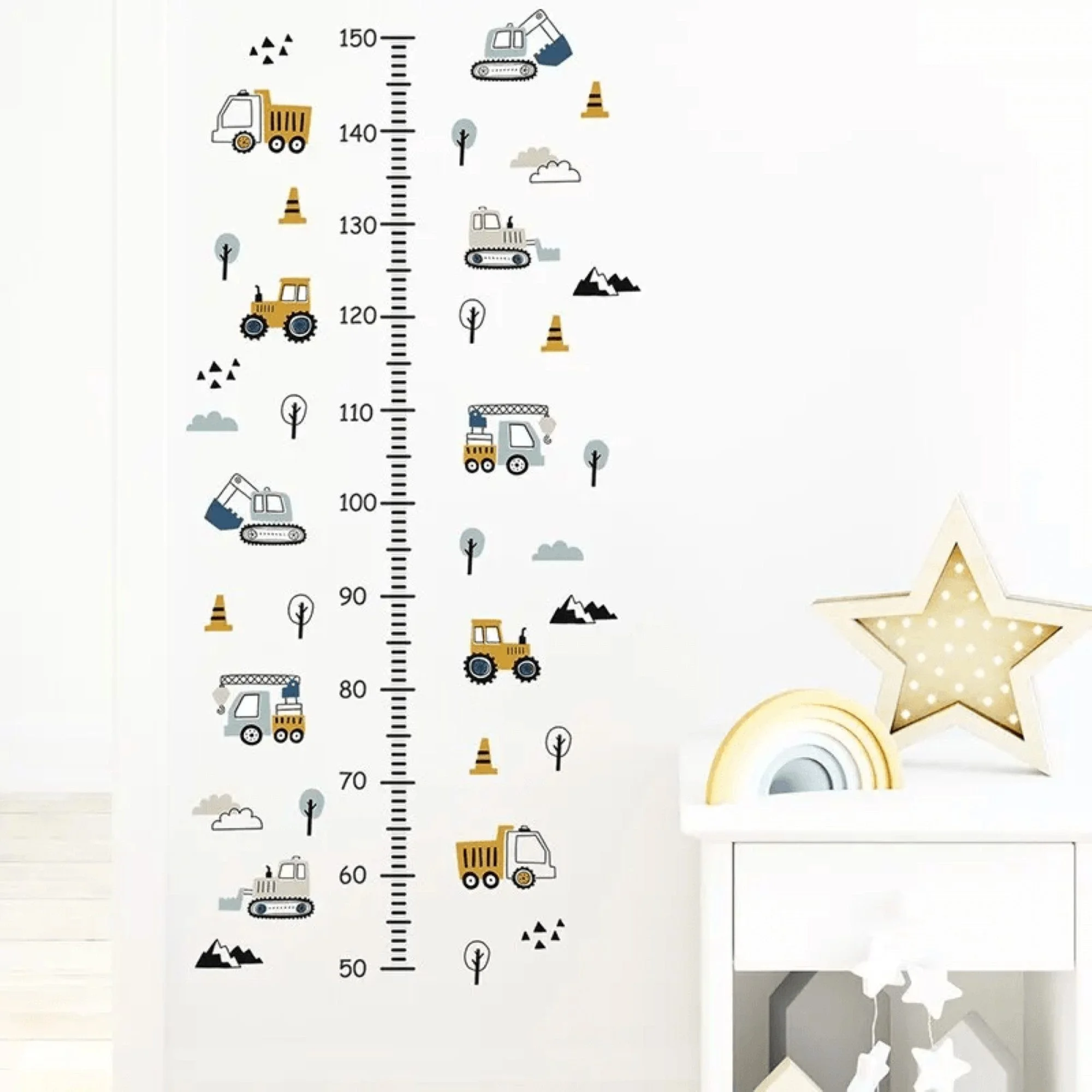 Height Chart Wall Stickers Construction Vehicles, Trees & Clouds