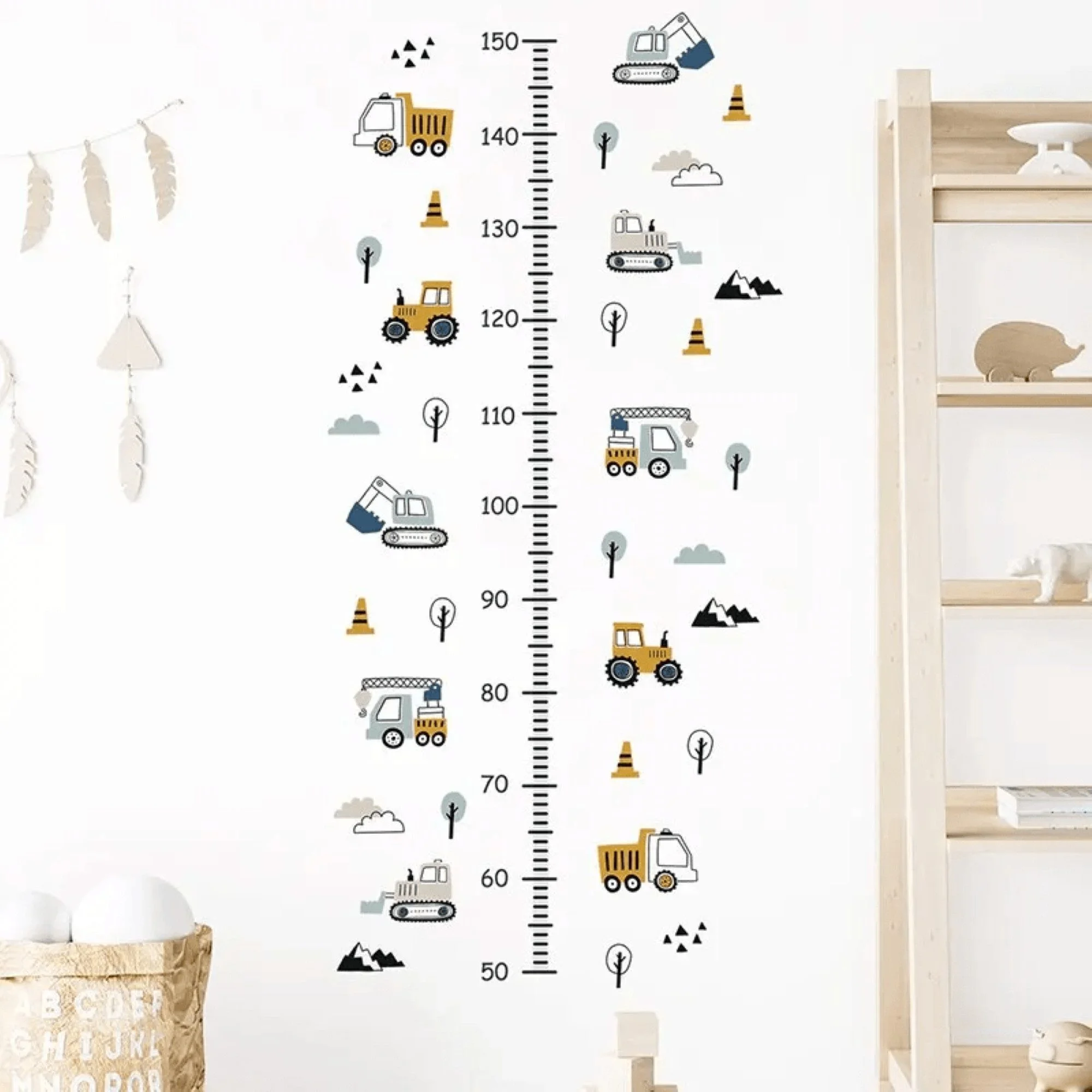 Height Chart Wall Stickers Construction Vehicles, Trees & Clouds