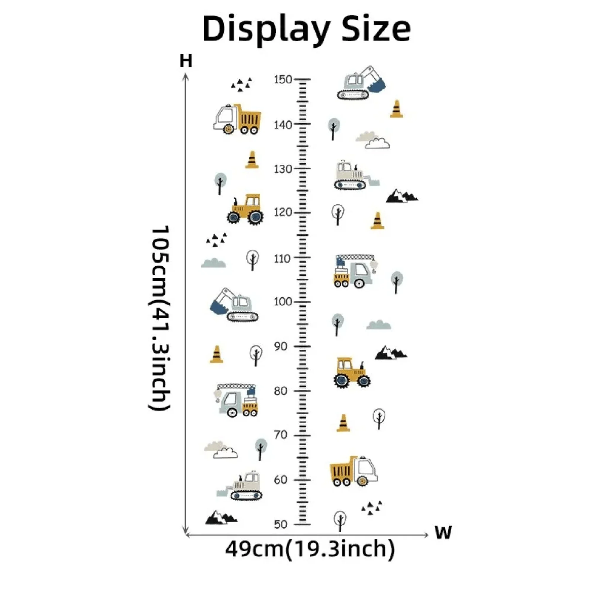 Height Chart Wall Stickers Construction Vehicles, Trees & Clouds