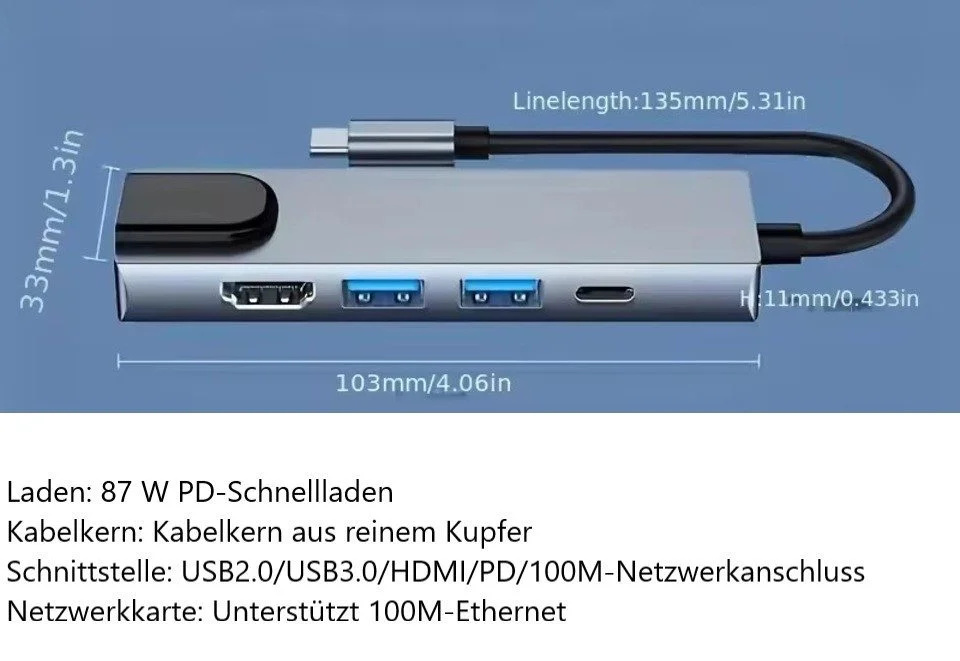 USB-C Hub 5-in-1 with 4K HDMI, RJ45, USB 3.0 & USB 2.0