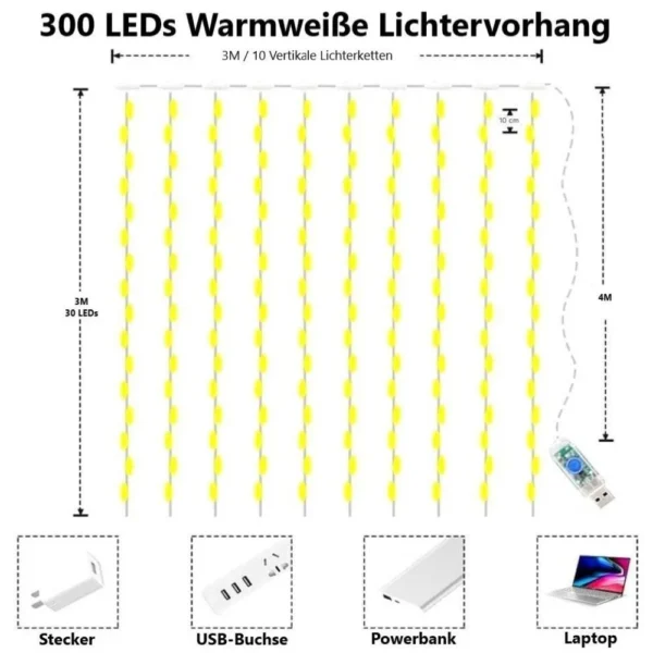 LED-Lichtervorhang warmweiß, 3 × 3 m, für Weihnachten